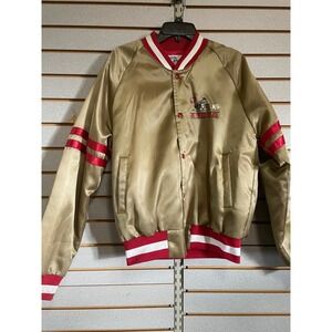 Vintage Chalk Line NFL 49ers Satin Bomber Jacket Gold Red Mens Small 80's Footba
